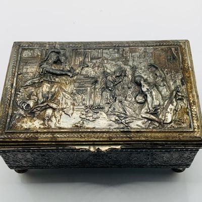 LOT 397: Antique Metal Jewelry Box with Roman Soldiers and Assortment of Watches