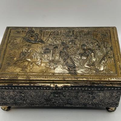 LOT 397: Antique Metal Jewelry Box with Roman Soldiers and Assortment of Watches