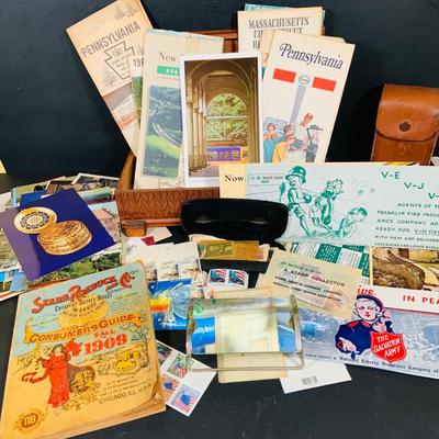 LOT 405: Large Collection of Vintage Ephemera Including Maps, Stamps, Post Cards and Much More and an Apex Ezy Rede Magnifying Glass.