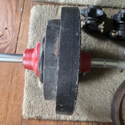 LOT 434: Barbell & Dumbbells along with Extra Weights: 200lbs of Plates plus Bars