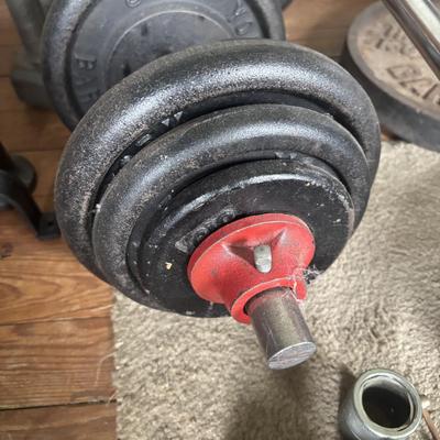 LOT 434: Barbell & Dumbbells along with Extra Weights: 200lbs of Plates plus Bars