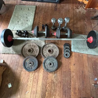 LOT 434: Barbell & Dumbbells along with Extra Weights: 200lbs of Plates plus Bars