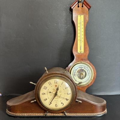 LOT 630: Vintage Schatz Anniversary Clock, Vintage Telechron Ships Bell Clock & Made in Western Germany Banjo Style Barometer