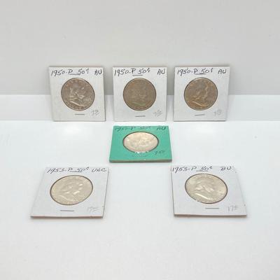 LOT 476: Six U.S. Benjamin Franklin Half Dollar Silver Coins - 1950 to 1953