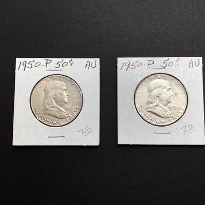 LOT 476: Six U.S. Benjamin Franklin Half Dollar Silver Coins - 1950 to 1953