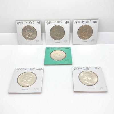 LOT 476: Six U.S. Benjamin Franklin Half Dollar Silver Coins - 1950 to 1953