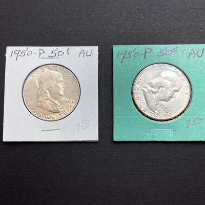 LOT 476: Six U.S. Benjamin Franklin Half Dollar Silver Coins - 1950 to 1953
