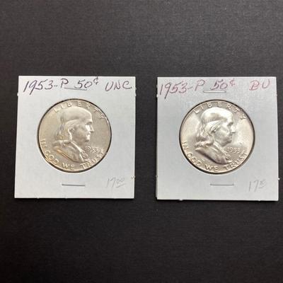 LOT 476: Six U.S. Benjamin Franklin Half Dollar Silver Coins - 1950 to 1953