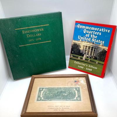 LOT 477: First Day of Issue Commemorating The Bicentennial April 13, 1976 Two Dollar Bill, U.S. Eisenhower One Dollar Coins and...