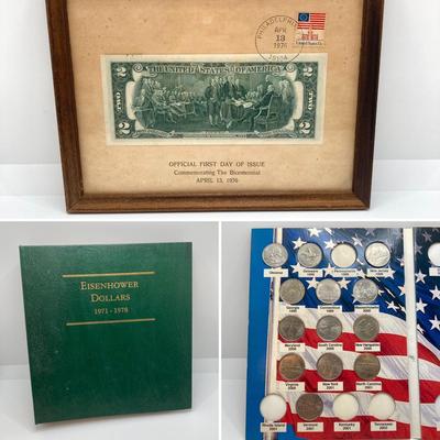 LOT 477: First Day of Issue Commemorating The Bicentennial April 13, 1976 Two Dollar Bill, U.S. Eisenhower One Dollar Coins and...