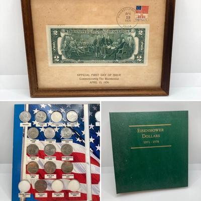 LOT 477: First Day of Issue Commemorating The Bicentennial April 13, 1976 Two Dollar Bill, U.S. Eisenhower One Dollar Coins and...