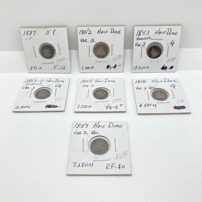LOT 478: Collection of Vintage 1837 to 1857 U.S. Half Dime Coins