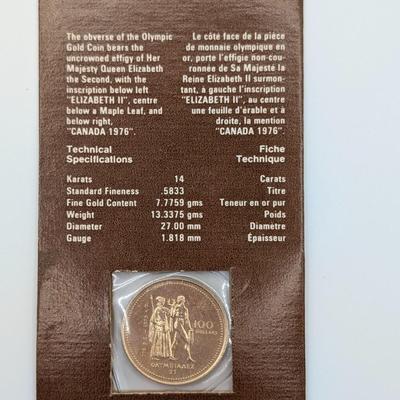 LOT: 480J Montreal 1976 Canadian Olympic 14K Gold, $100.00 Coin, (13.3g)