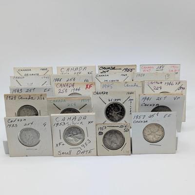 LOT 512J: Coin Collection Containing 1928-1957 Canadian $ 0.25 Pieces, 80% Silver