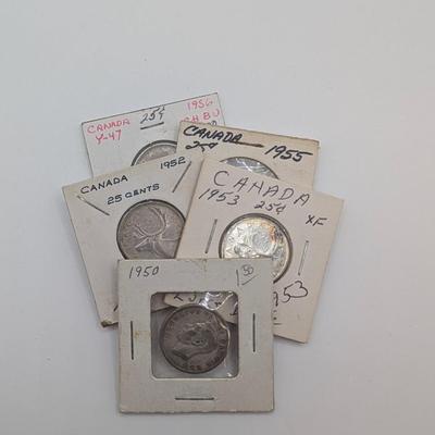LOT 512J: Coin Collection Containing 1928-1957 Canadian $ 0.25 Pieces, 80% Silver