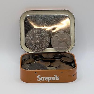LOT 521J: Vintage Lucky Strike Container With Assorted Coins, Strepsil Container With Great Britain 1977 Queen Elizabeth II Jubilee...