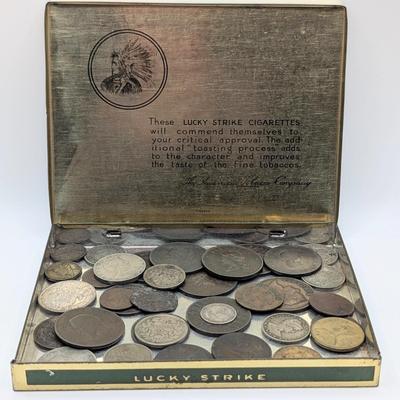 LOT 521J: Vintage Lucky Strike Container With Assorted Coins, Strepsil Container With Great Britain 1977 Queen Elizabeth II Jubilee...