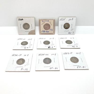 LOT 525: Antique U.S. Silver Dimes Dated from 1830 to 1887