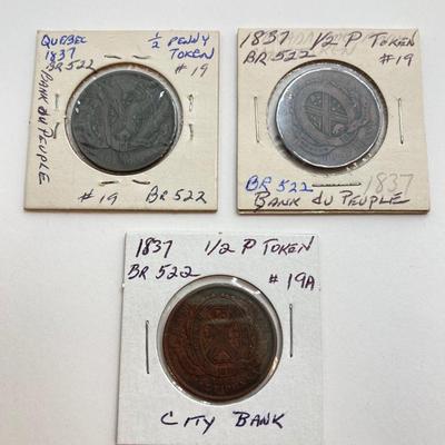 LOT 532: Collection of Antique Tokens / Coins - Bank of Montreal, City Bank, Quebec Bank and More