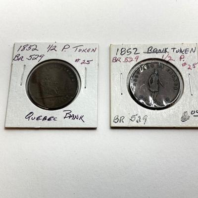LOT 532: Collection of Antique Tokens / Coins - Bank of Montreal, City Bank, Quebec Bank and More