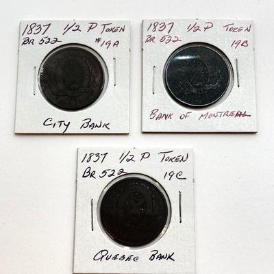 LOT 532: Collection of Antique Tokens / Coins - Bank of Montreal, City Bank, Quebec Bank and More