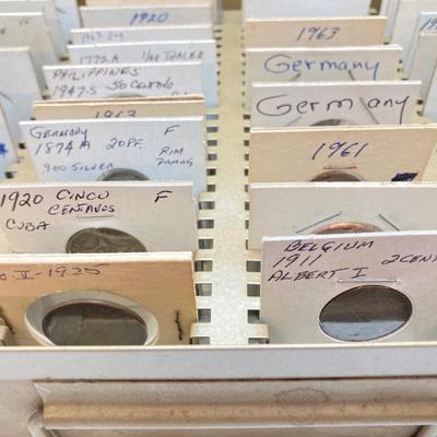 LOT 537: Large Collection of International Vintage / Antique Coins in Metal Storage Box