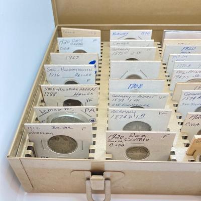 LOT 537: Large Collection of International Vintage / Antique Coins in Metal Storage Box