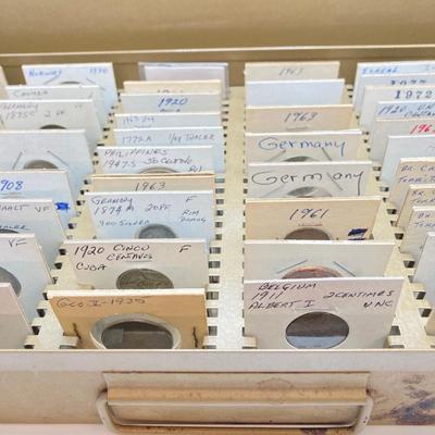 LOT 537: Large Collection of International Vintage / Antique Coins in Metal Storage Box
