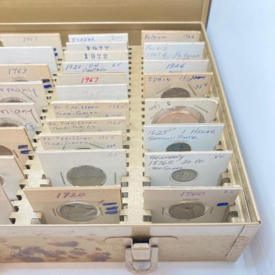 LOT 537: Large Collection of International Vintage / Antique Coins in Metal Storage Box