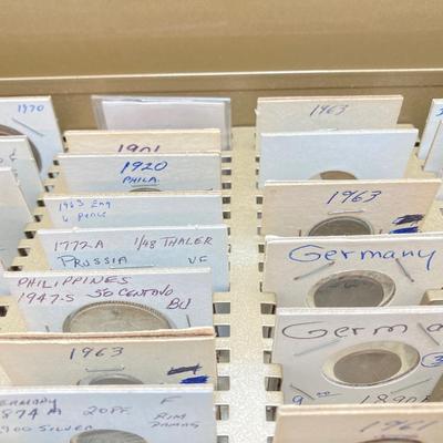 LOT 537: Large Collection of International Vintage / Antique Coins in Metal Storage Box