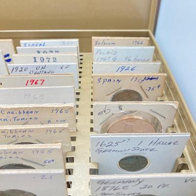 LOT 537: Large Collection of International Vintage / Antique Coins in Metal Storage Box