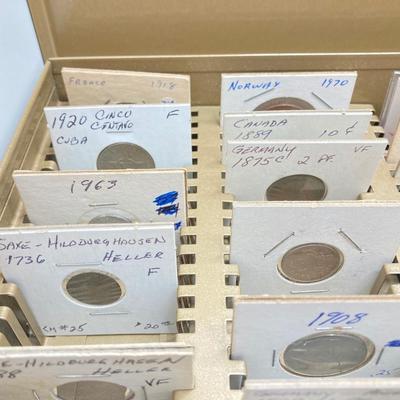 LOT 537: Large Collection of International Vintage / Antique Coins in Metal Storage Box
