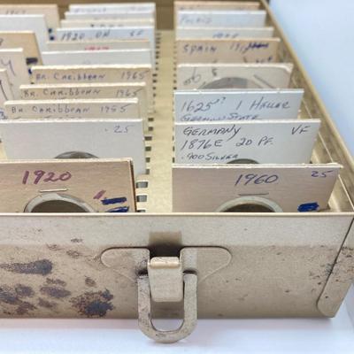LOT 537: Large Collection of International Vintage / Antique Coins in Metal Storage Box