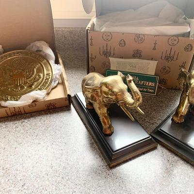 Political Seal & Elephant Brass Bookends / Paperweight