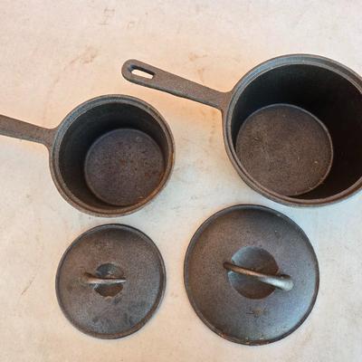 Pair of Vintage Cast Iron Saucepans with Lids