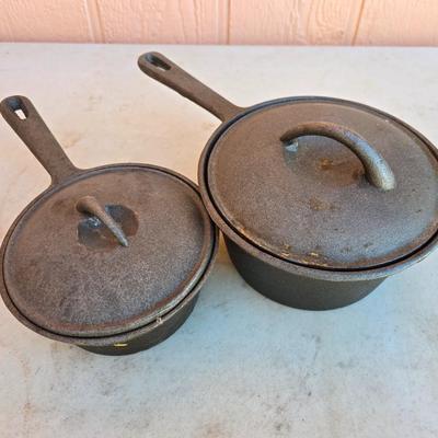 Pair of Vintage Cast Iron Saucepans with Lids