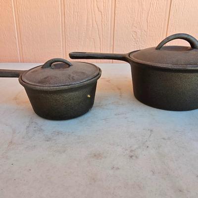 Pair of Vintage Cast Iron Saucepans with Lids