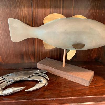 Nautical Decor Lot Pewter Crab Mounted Fish