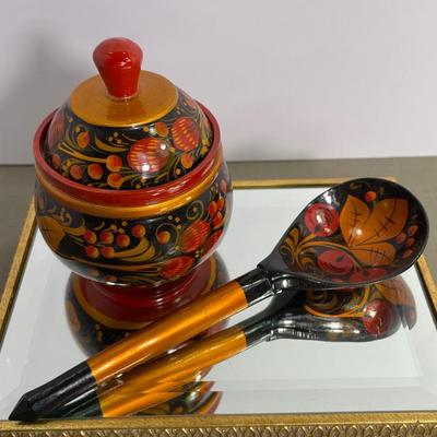 Vintage Russian Khokhloma Lacquer Bowl and Spoon