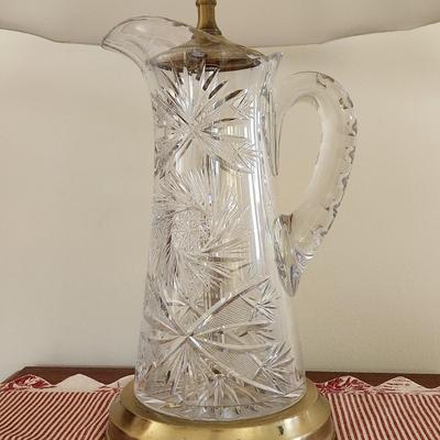 Pair Heavy Cut Glass Water Pitchers Table Lamps