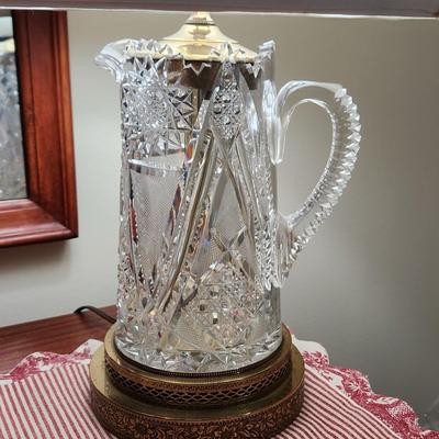 Pair Heavy Cut Glass Water Pitchers Table Lamps
