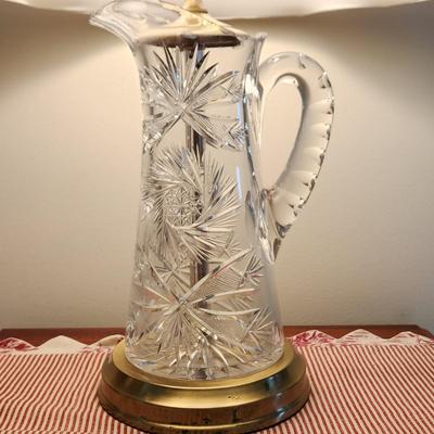 Pair Heavy Cut Glass Water Pitchers Table Lamps
