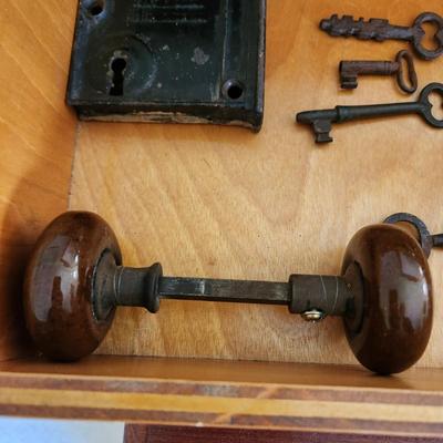 Collectible Lot Antique Door Hardware, Skeleton Keys Wood Writing Storage Box