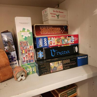 Large Lot of Puzzles , Games, Dominoes, Yahtzee, Trivial Pursuit, Uno, Playing Cards and more