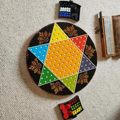 Vintage Ohio Art Metal Checker Board Chinese Checkers "Le Count" No 2 Chribbage w Green River Whiskey Distillery Owensboro...