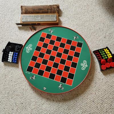 Vintage Ohio Art Metal Checker Board Chinese Checkers "Le Count" No 2 Chribbage w Green River Whiskey Distillery Owensboro...