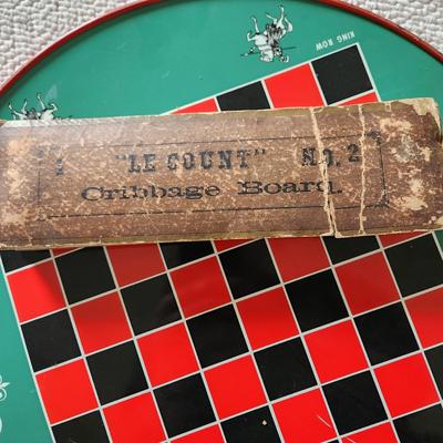 Vintage Ohio Art Metal Checker Board Chinese Checkers "Le Count" No 2 Chribbage w Green River Whiskey Distillery Owensboro...