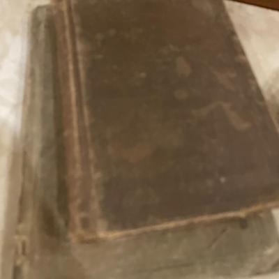 Vintage irons, coasters and books