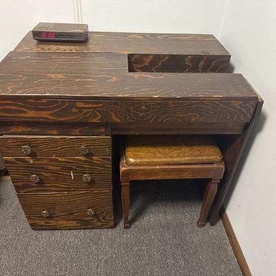 Antique sewing table with chair and alarm clock