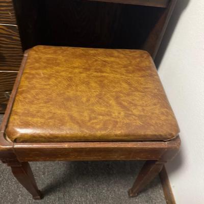 Antique sewing table with chair and alarm clock